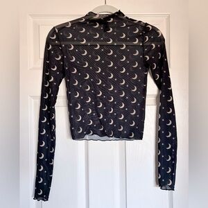 Forever 21 Sheer Navy Blue Moon Print Long Sleeve Top — Size Small